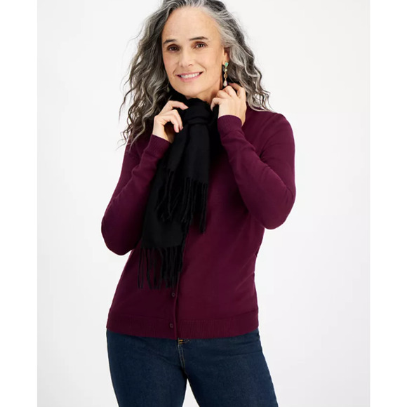 Macy's Style&Co Black Fringe Trim Scarf Oblong Rectangle Solid Knit Warm Winter - Picture 2 of 16